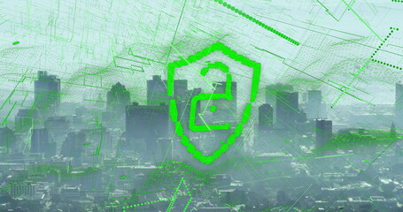 Hovering green pixelated shield icon with stylized 2 above hazy urban skyline, neon network overlay