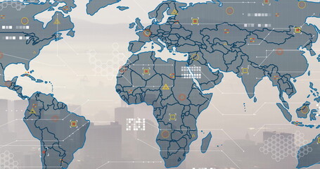 Displaying digital world map over hazy skyline, with continent outlines, icons and hexagonal grid