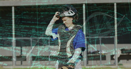 Adjusting mask on catcher wearing uniform on baseball field, holding mitt with code and DNA overlay