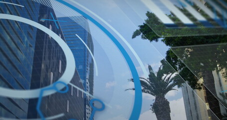 Displaying digital HUD overlay floating over skyline downtown, with glass skyscraper and palm trees
