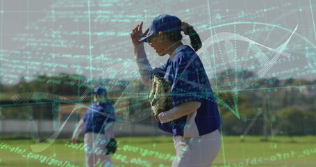 Adjusting cap woman in uniform with glove on baseball field, with digital code overlay, copy space