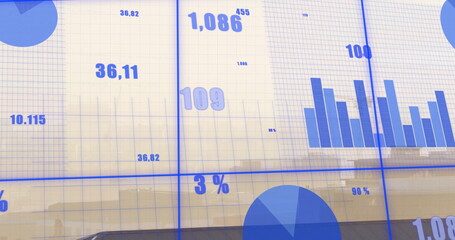 Displaying digital dashboard in office, with bar chart, pie segments, grid lines and data labels