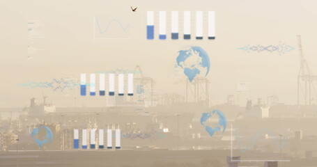 Displaying gantry cranes and cargo ships looming at hazy harbor docks, with digital data overlays