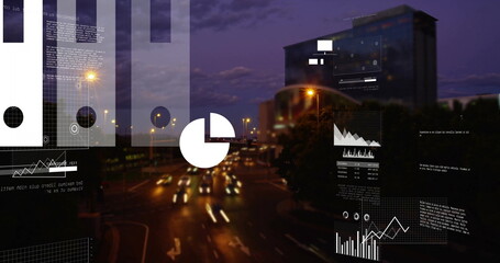 Displaying multi-lane junction with vehicle light trails at night city street, with data overlays