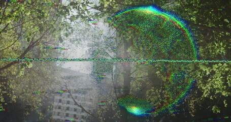 Fototapeta premium Glitching orb hovering at urban forest edge, with branches, facade and data lines, copy space