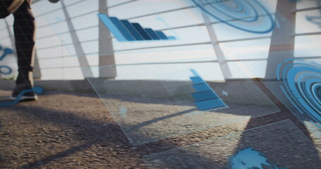 Walking male wearing trousers black shoes on outdoor walkway with augmented reality HUD, copy space
