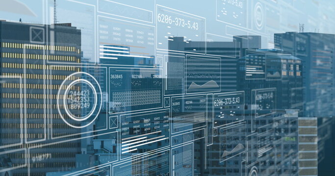 Projecting translucent data panels displaying line charts and circular gauges over urban skyline