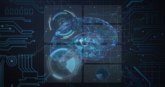Projecting holographic brain model hovering over grid control panel, with HUD graphics and traces