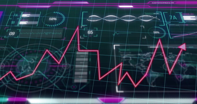Displaying neon pink jagged line chart trending upward on holographic dashboard, with data panels - Powered by Adobe