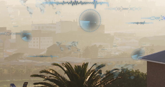 Displaying palm tree and chairs on terrace overlooking hazy cityscape, with digital HUD overlays