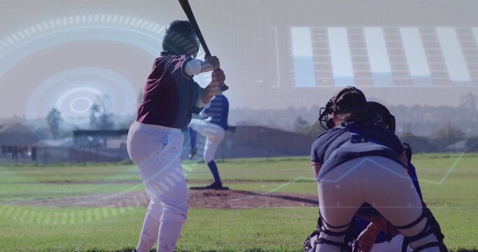 Three women players swinging bat, catching pitch with mitt and pitching at park, with HUD overlays - Powered by Adobe