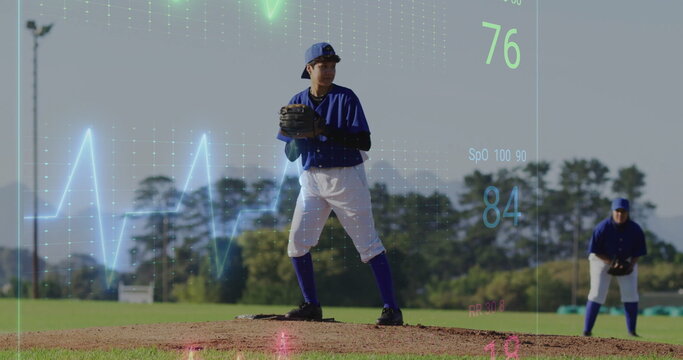 Pitching female baseball player delivering pitch on baseball field, with biometric waveform overlay - Powered by Adobe