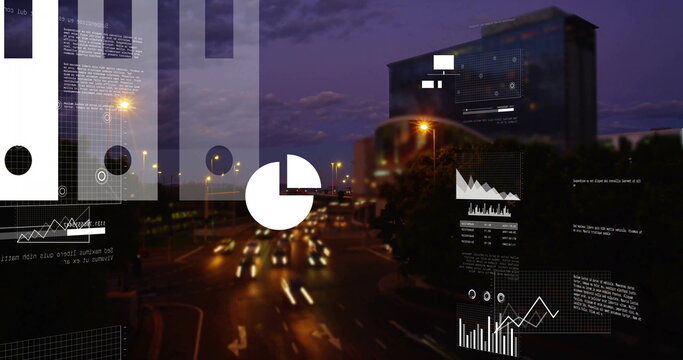 Displaying multi-lane junction with vehicle light trails at night city street, with data overlays - Powered by Adobe