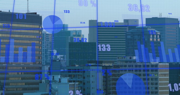 Displaying office towers showing translucent data charts over downtown skyline, with antennas