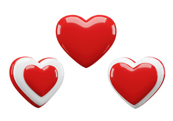 Isolated Group of Three Different Glossy Red Hearts