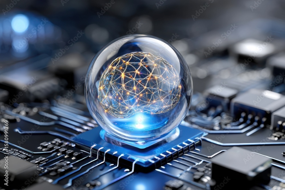 Poster digital sphere connected to circuitry with glowing network design in a modern setting