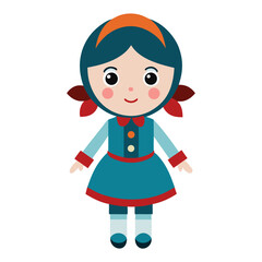 A charming cartoon illustration of a young girl with blue hair and a traditional outfit featuring a simple flat design and a cheerful expression against