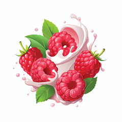 3D realistic  vector set of whole and sliced raspberry with juice and milk or yogurt splash for food, juice, and dairy designs.