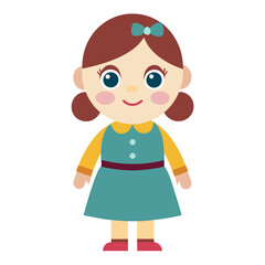 Cute Cartoon Girl with Brown Hair and a Blue Dress Featuring Large Eyes and a Cheerful Smile Standing on a White Background in a Flat