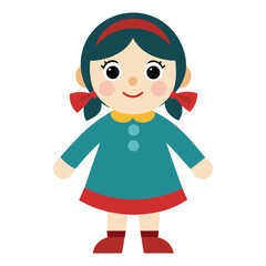 A charming cartoon illustration of a young girl with pigtails wearing a blue dress with red accents and a matching headband set against a clean