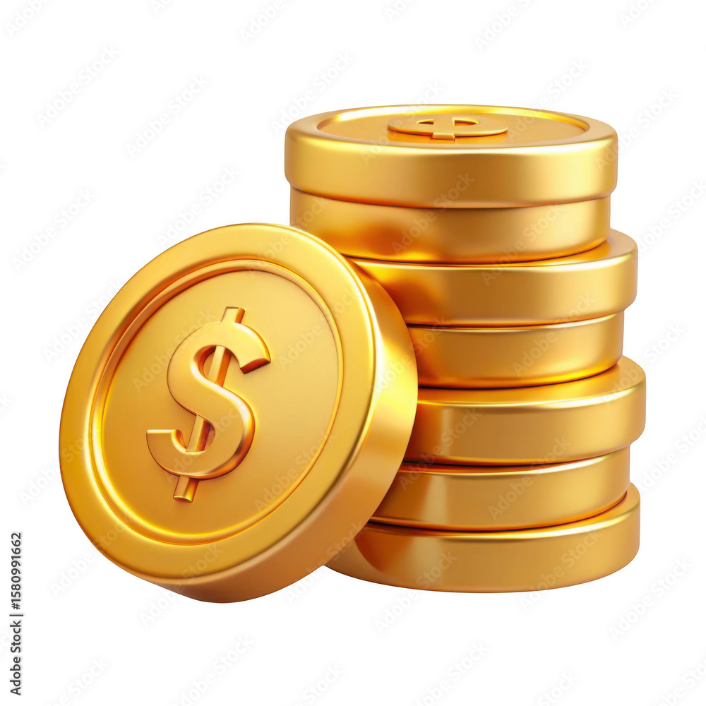 Poster 3d stack of gold coins with dollar symbol isolated on transparent background