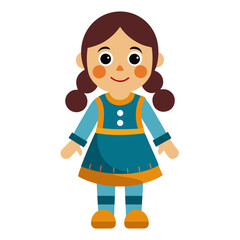A cheerful cartoon girl with brown hair styled in pigtails wearing a blue dress with orange trim blue leggings and orange shoes standing on a