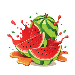 realistic vector set of whole and sliced watermelon with juice splash and drops for summer food and drink designs.