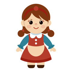 Cute Cartoon Girl Illustration with Brown Hair Red Headband Blue Sleeves Red Dress and Cream Apron Standing on a White Background Perfect for Children s