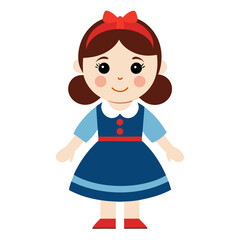 Cute Cartoon Girl with Brown Hair and Red Bow Wearing a Blue Dress with Red Accents Isolated on White Background Perfect for Children s Illustrations