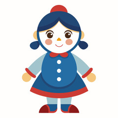 Stylized Illustration of a Cute Girl Doll with Blue Hair and Dress Featuring a Red Bow and Hat Ideal for Children s Books or Educational
