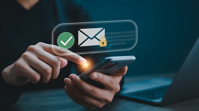 A person is verifying email security and data privacy on a mobile phone with a lock icon