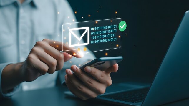 A person is securing email data and privacy on a mobile phone with cybersecurity measures