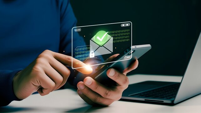 A person is verifying email security and data privacy on a mobile phone with a verification checkmark