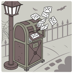 Street lamp illuminates a mailbox overflowing with letters on a spooky halloween night scene outside a house