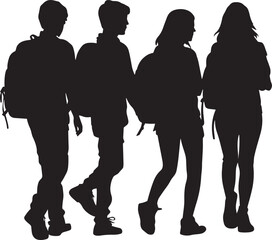 Field Trip Excitement A black silhouette vector of a student walking with a group, schoolbag on their back.