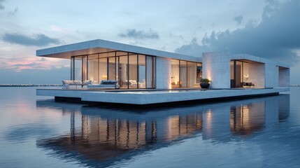 Vibrant photo of modern minimalist home over water.