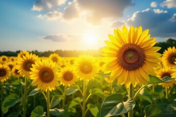 Vibrant Sunlit Sunflower Field Joyful Summer Landscape Radiating Happiness and Positive Energy