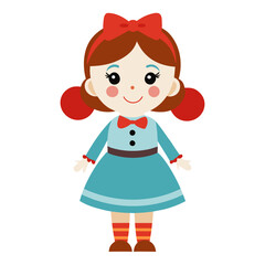 Cartoon Illustration of a Cute Girl with Red Hair and a Bow Wearing a Blue Dress and Striped Socks Isolated on a White Background Perfect