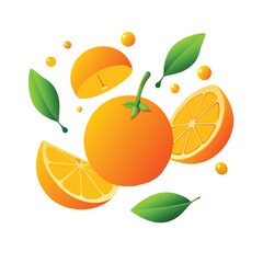 realistic vector set of whole orange, sliced orange, orange juice splash, orange oil drop, and leaves for juice, food, or skincare designs.