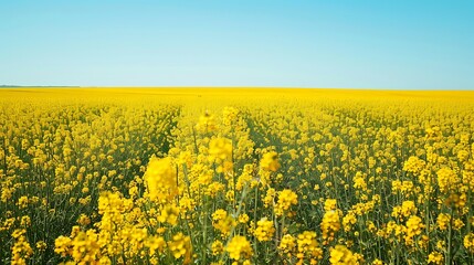 Obraz premium Mustard Field In Full Bloom, With Bright Yellow Flowers Creating A Thick Carpet Across Flat Land. Capture The Image From A Low Perspective With Flowers In The Foreground And A Distant H