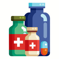 Colorful Illustration of Medicine Bottles and Capsule with Medical Crosses Representing Healthcare Pharmaceuticals and Treatment Options in a Clean Modern Design Style for Medical Concepts