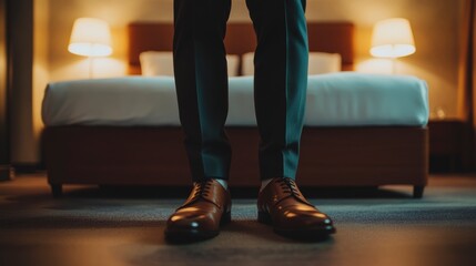 Man's legs in suit pants and brown leather shoes standing in hotel room.