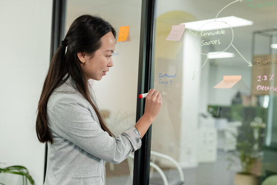 Asian female professional writing on glass partition in meeting room with red marker, copy space