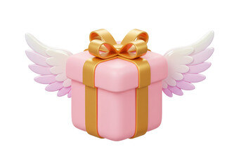 Isolated Flying Pink Gift Box with White Wings