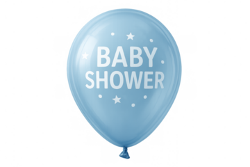 Light blue balloon featuring baby shower text and star designs, set against a transparent background, ideal for celebration themes
