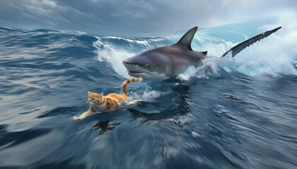 A cat escapes a shark by almost running through the waves.