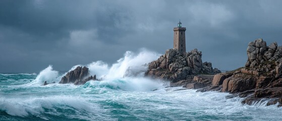 Lighthouse on rocky coast battered by powerful waves during a dramatic storm.