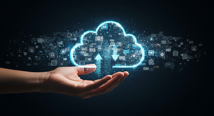Businessman touch on cloud computing diagram show on hand. Cloud technology.