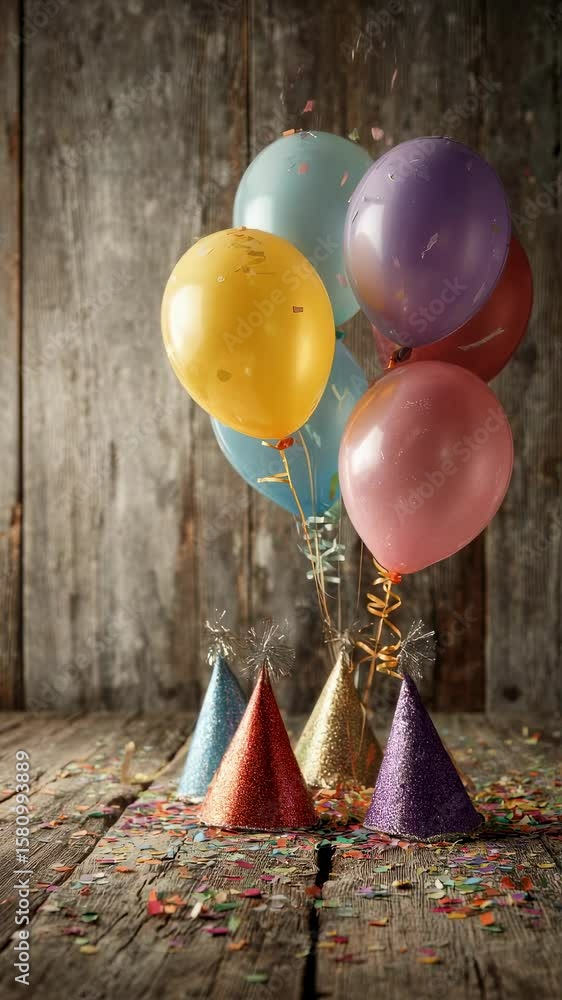 Poster colorful balloons are floating above party hats and confetti on a rustic wooden table, creating a fe