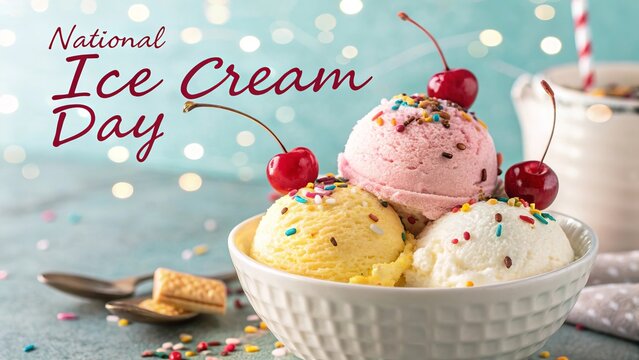 National Ice Cream Day, Three scoops of ice cream in a white ceramic bowl.